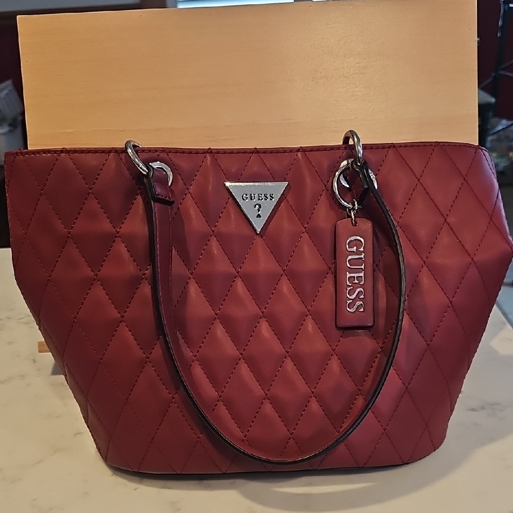 Guess Quilted Maroon Tote Bag